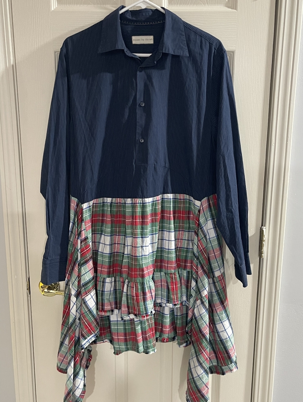 Seams By Sarah Womens Upcycled Striped Plaid Collared Long Sleeve Tunic Shirt OS